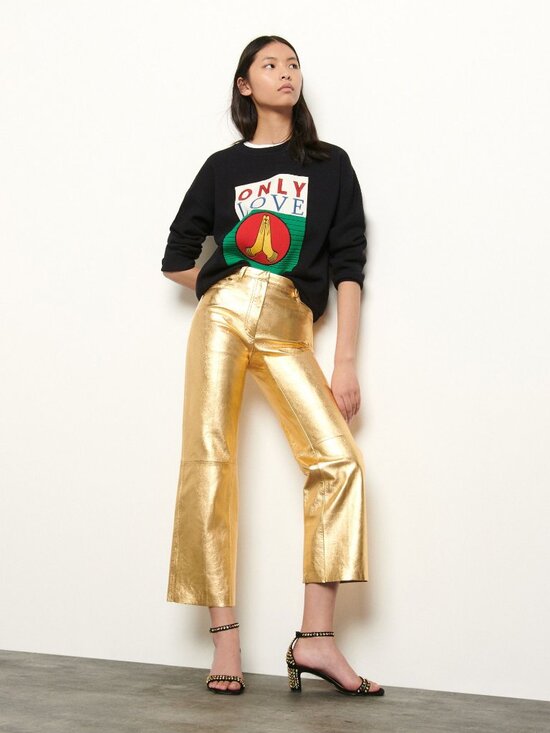 Sandro Pants - NWT SANDRO Metallic gold leather kick-flare pants US 4/S FR 36 $820